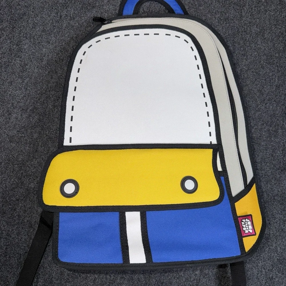JumpFromPaper 2D Cartoon Backpack Blue‎ Yellow White Comic Optical Illusion Bag